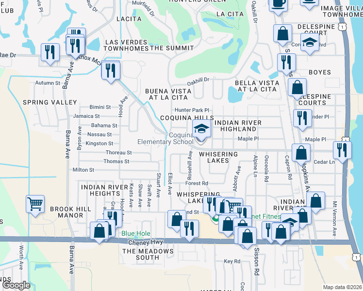 map of restaurants, bars, coffee shops, grocery stores, and more near 900 Rozen Avenue in Titusville