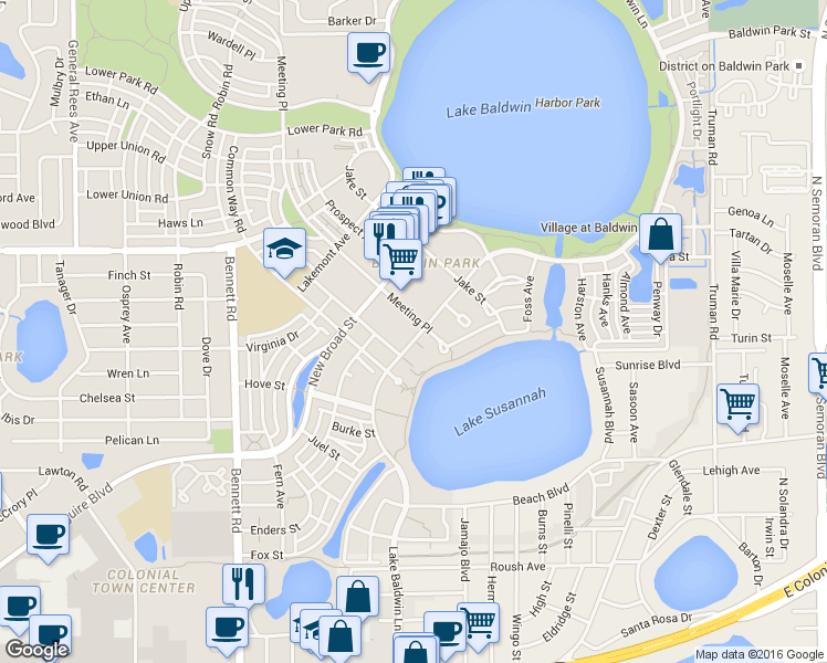 map of restaurants, bars, coffee shops, grocery stores, and more near 1308 Lake Baldwin Lane in Orlando
