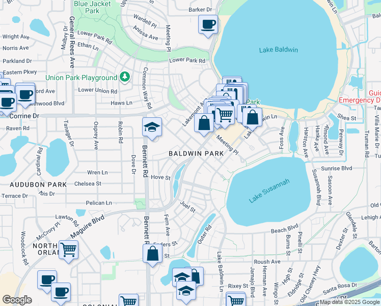map of restaurants, bars, coffee shops, grocery stores, and more near in Orlando