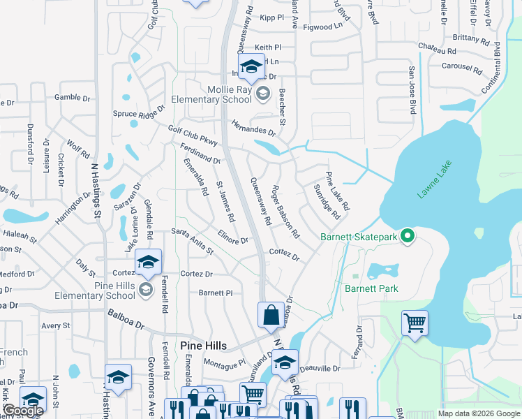map of restaurants, bars, coffee shops, grocery stores, and more near 1219 North Pine Hills Road in Orlando