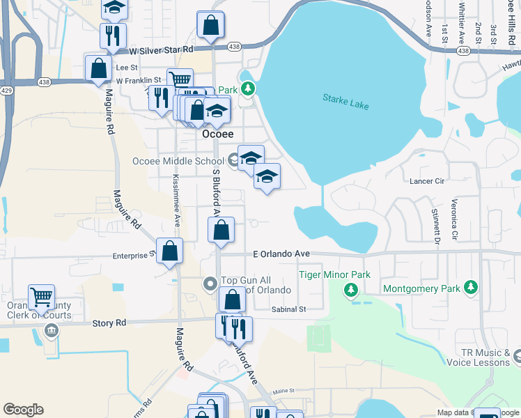 map of restaurants, bars, coffee shops, grocery stores, and more near 400 South Lakewood Avenue in Ocoee