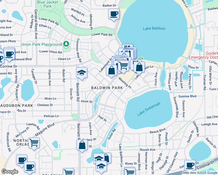 map of restaurants, bars, coffee shops, grocery stores, and more near 4688 New Broad Street in Orlando