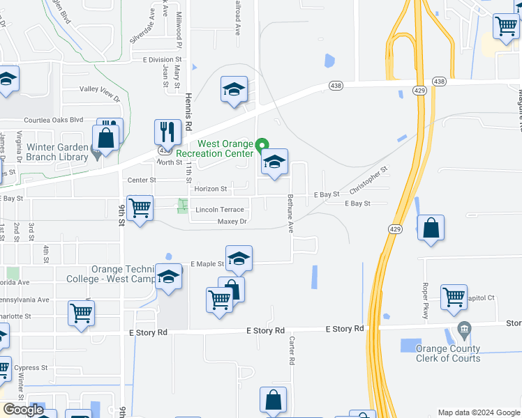 map of restaurants, bars, coffee shops, grocery stores, and more near 624 East Bay Cove in Winter Garden