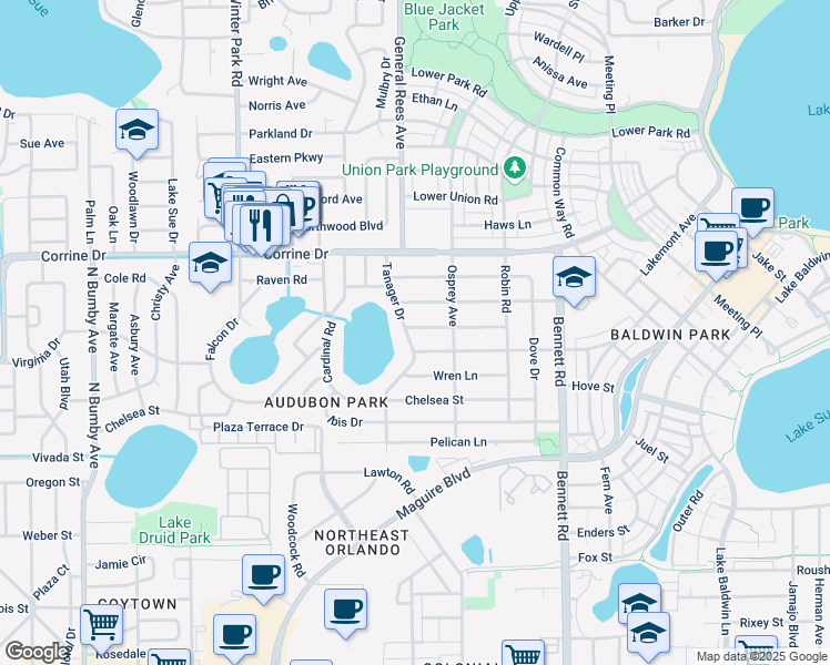 map of restaurants, bars, coffee shops, grocery stores, and more near 3631 Virginia Drive in Orlando