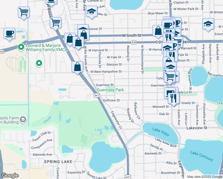 map of restaurants, bars, coffee shops, grocery stores, and more near 1320 Guernsey Street in Orlando