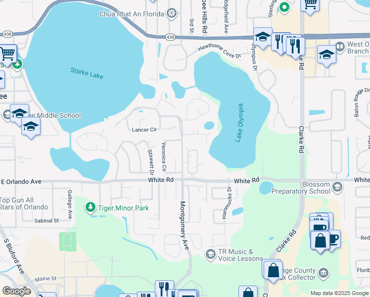 map of restaurants, bars, coffee shops, grocery stores, and more near 360 Kaila Court in Ocoee