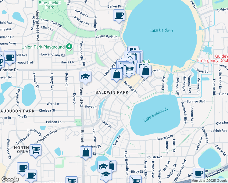 map of restaurants, bars, coffee shops, grocery stores, and more near 4726 New Broad Street in Orlando