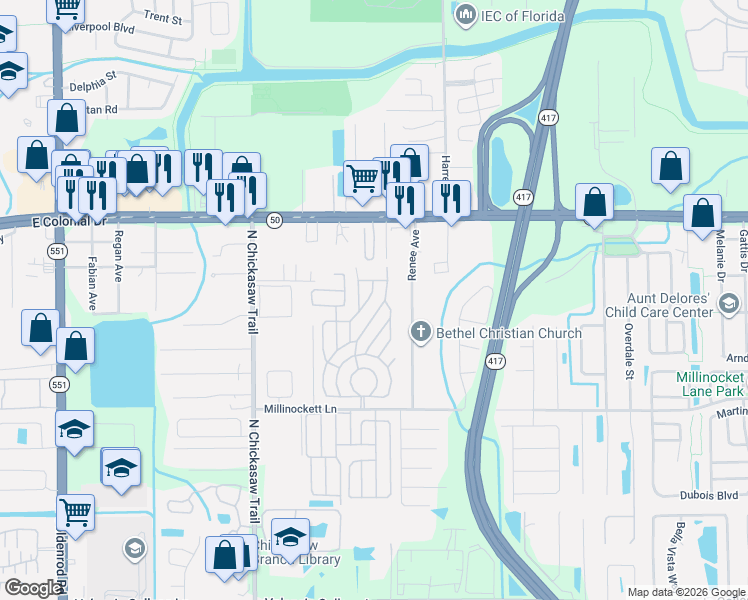 map of restaurants, bars, coffee shops, grocery stores, and more near 1535 Winding Trail in Orlando