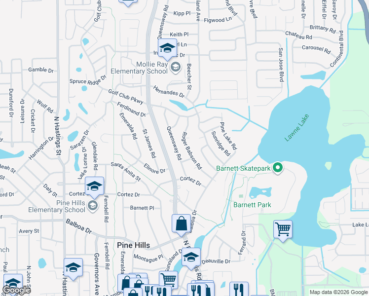 map of restaurants, bars, coffee shops, grocery stores, and more near 1326 Roger Babson Road in Orlando