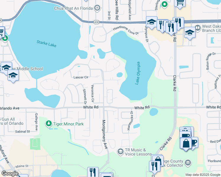 map of restaurants, bars, coffee shops, grocery stores, and more near 634 Olympic Drive in Ocoee