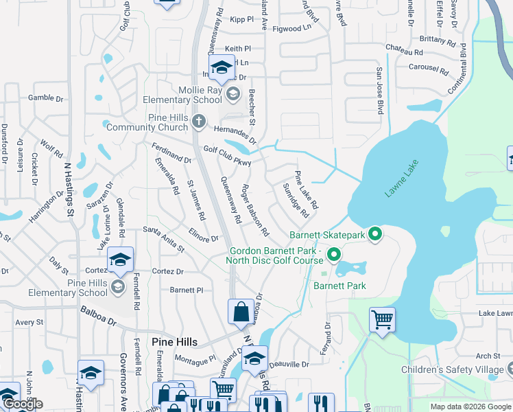 map of restaurants, bars, coffee shops, grocery stores, and more near 1326 Roger Babson Road in Orlando