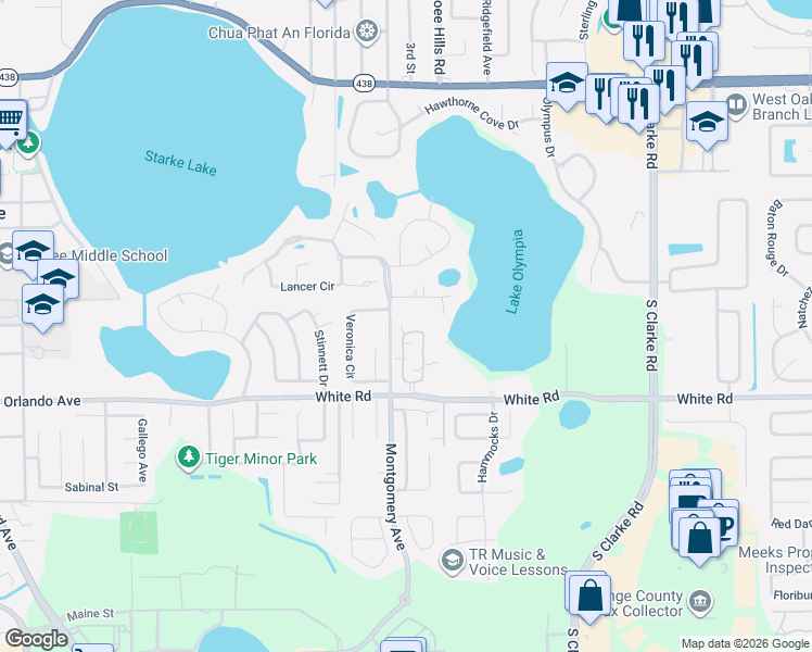 map of restaurants, bars, coffee shops, grocery stores, and more near 780 Olympic Circle in Ocoee