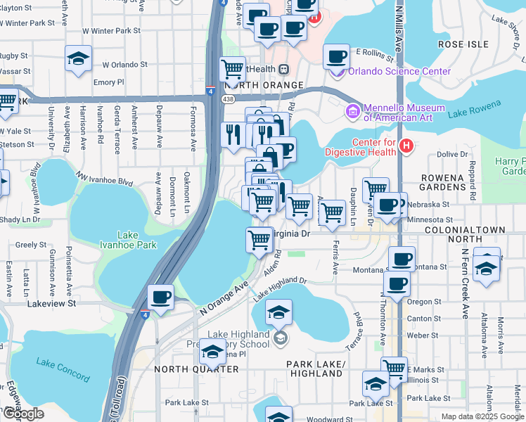 map of restaurants, bars, coffee shops, grocery stores, and more near 295 Northeast Ivanhoe Boulevard in Orlando