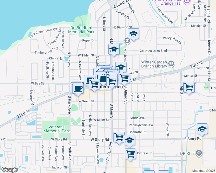 map of restaurants, bars, coffee shops, grocery stores, and more near in Winter Garden