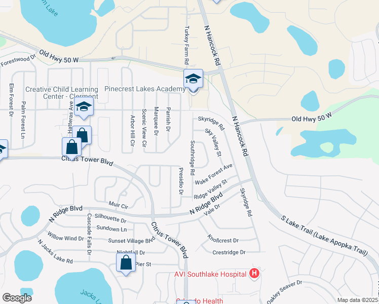 map of restaurants, bars, coffee shops, grocery stores, and more near 496 Southridge Road in Clermont