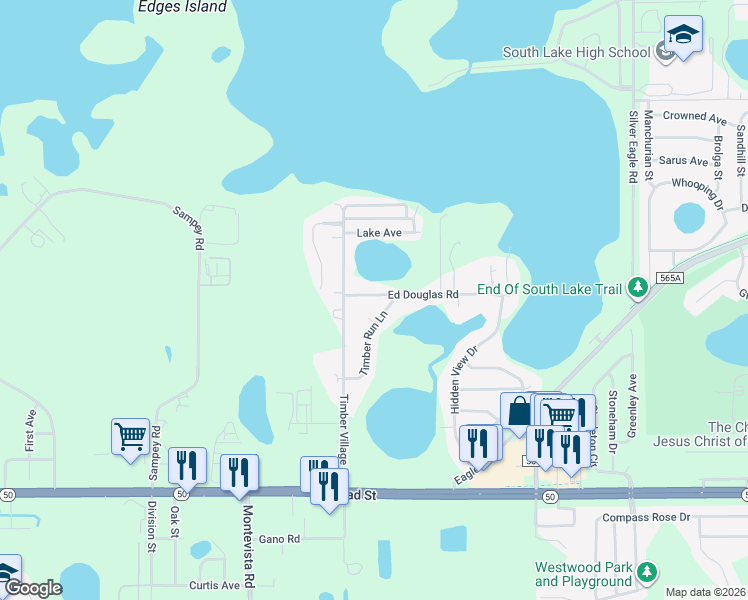 map of restaurants, bars, coffee shops, grocery stores, and more near 553 Ed Douglas Road in Groveland