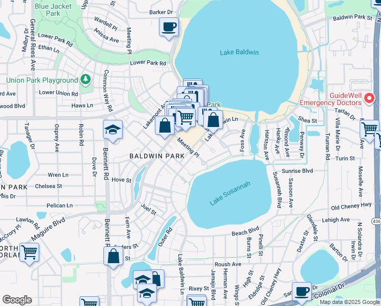 map of restaurants, bars, coffee shops, grocery stores, and more near 108 Meeting Place in Orlando