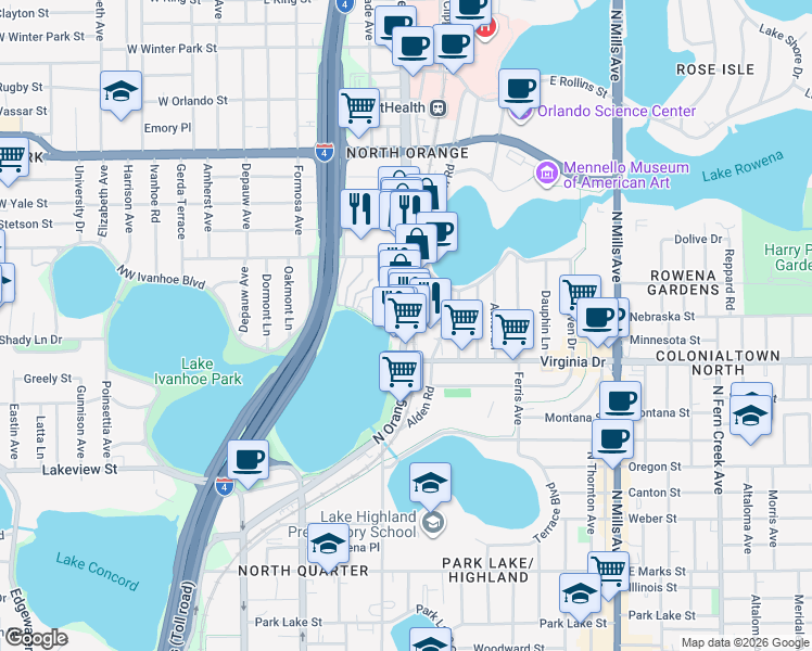map of restaurants, bars, coffee shops, grocery stores, and more near 301 Northeast Ivanhoe Boulevard in Orlando