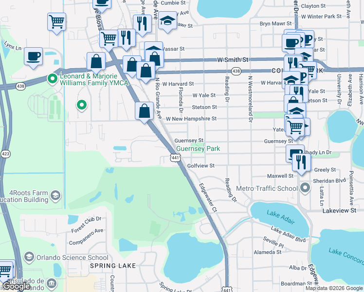 map of restaurants, bars, coffee shops, grocery stores, and more near 1605 Florinda Drive in Orlando