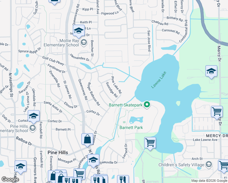 map of restaurants, bars, coffee shops, grocery stores, and more near 1422 Pine Lake Road in Orlando