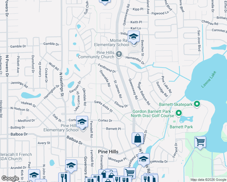 map of restaurants, bars, coffee shops, grocery stores, and more near 1243 Emeralda Road in Orlando