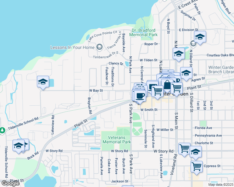 map of restaurants, bars, coffee shops, grocery stores, and more near 107 Traditions Drive in Winter Garden