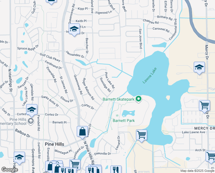 map of restaurants, bars, coffee shops, grocery stores, and more near 1407 Sunridge Road in Orlando