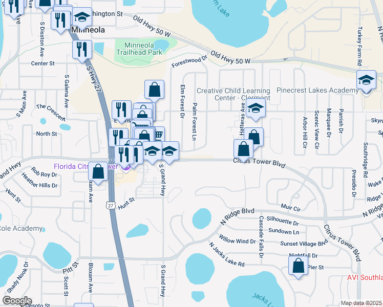map of restaurants, bars, coffee shops, grocery stores, and more near 942 Forest Hill Drive in Minneola