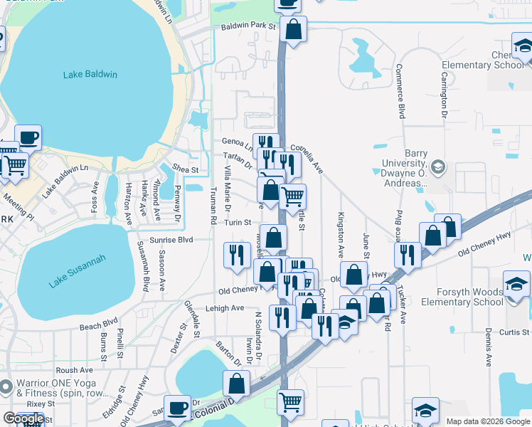 map of restaurants, bars, coffee shops, grocery stores, and more near 1503 Moselle Avenue in Orlando