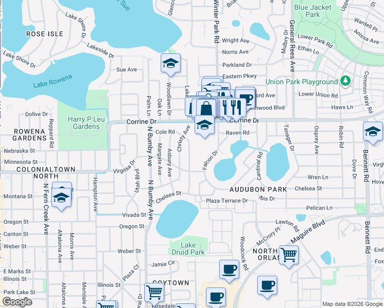 map of restaurants, bars, coffee shops, grocery stores, and more near 1609 Cole Road in Orlando