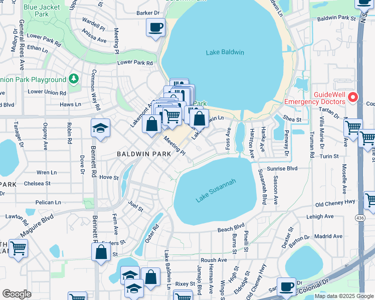 map of restaurants, bars, coffee shops, grocery stores, and more near 1483 Lake Baldwin Lane in Orlando