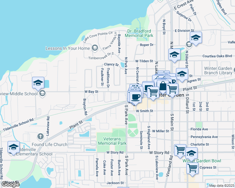 map of restaurants, bars, coffee shops, grocery stores, and more near 584 West Bay Street in Winter Garden