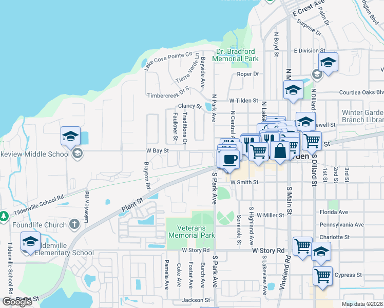 map of restaurants, bars, coffee shops, grocery stores, and more near 107 Traditions Drive in Winter Garden