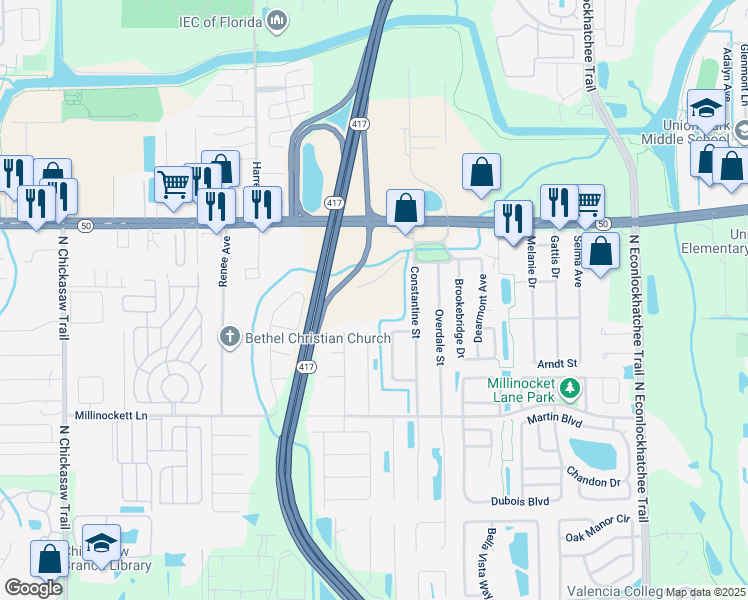 map of restaurants, bars, coffee shops, grocery stores, and more near 1602 Constantine Street in Orlando