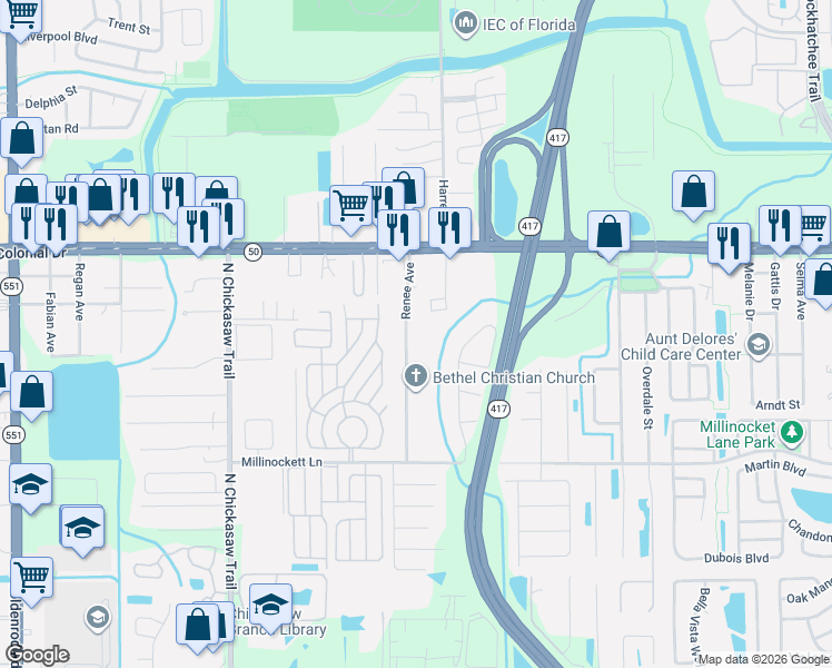 map of restaurants, bars, coffee shops, grocery stores, and more near 1617 Renee Avenue in Orlando