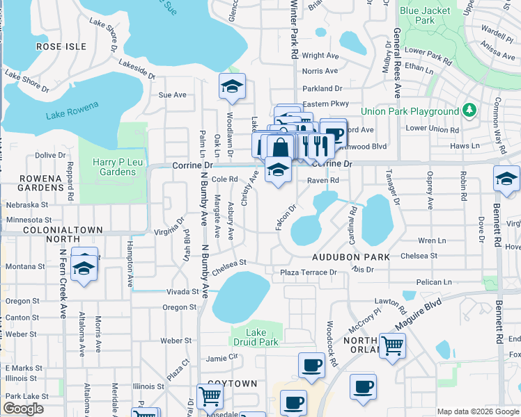 map of restaurants, bars, coffee shops, grocery stores, and more near 1609 Cole Road in Orlando