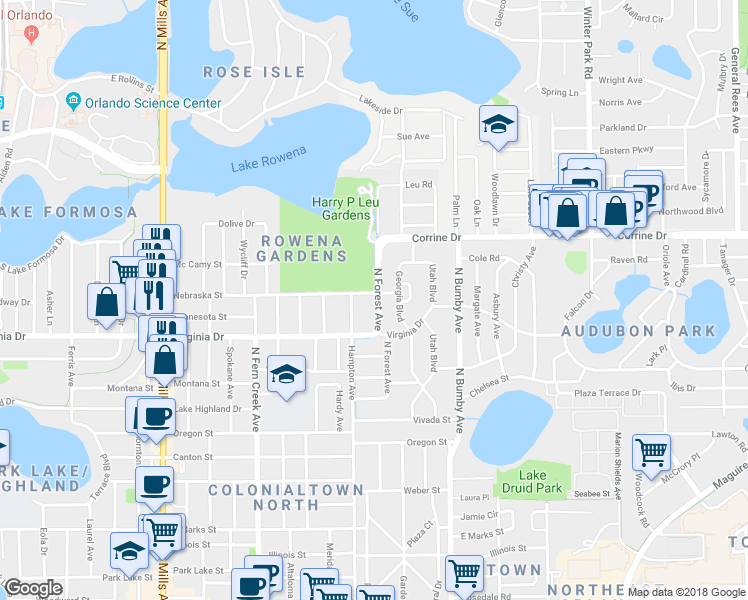 map of restaurants, bars, coffee shops, grocery stores, and more near 2010 Nebraska Street in Orlando