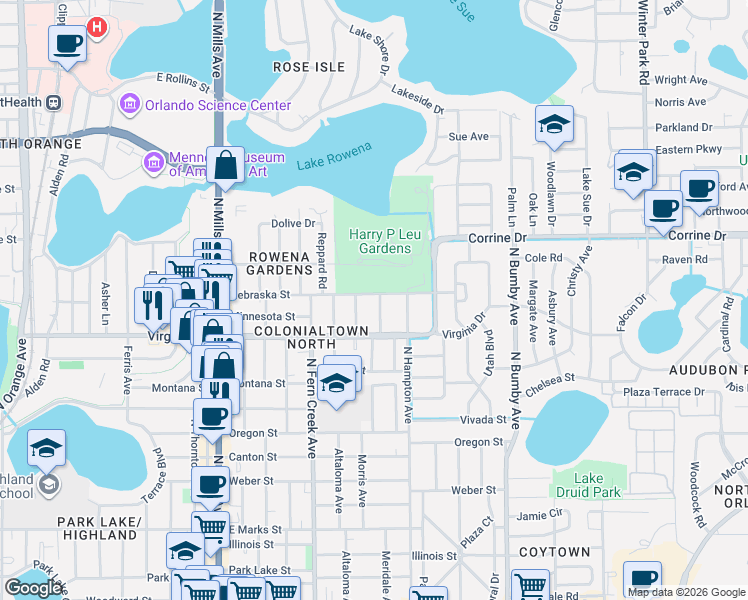 map of restaurants, bars, coffee shops, grocery stores, and more near 1800 Nebraska Street in Orlando