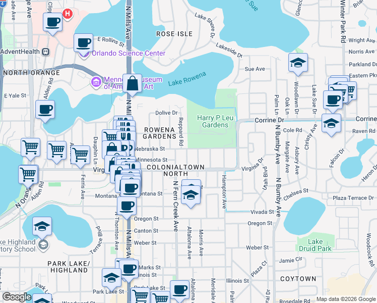 map of restaurants, bars, coffee shops, grocery stores, and more near 1609 Reppard Road in Orlando