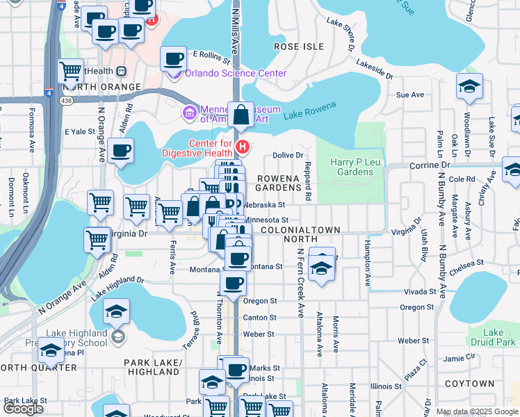 map of restaurants, bars, coffee shops, grocery stores, and more near 1610 Flamingo Drive in Orlando