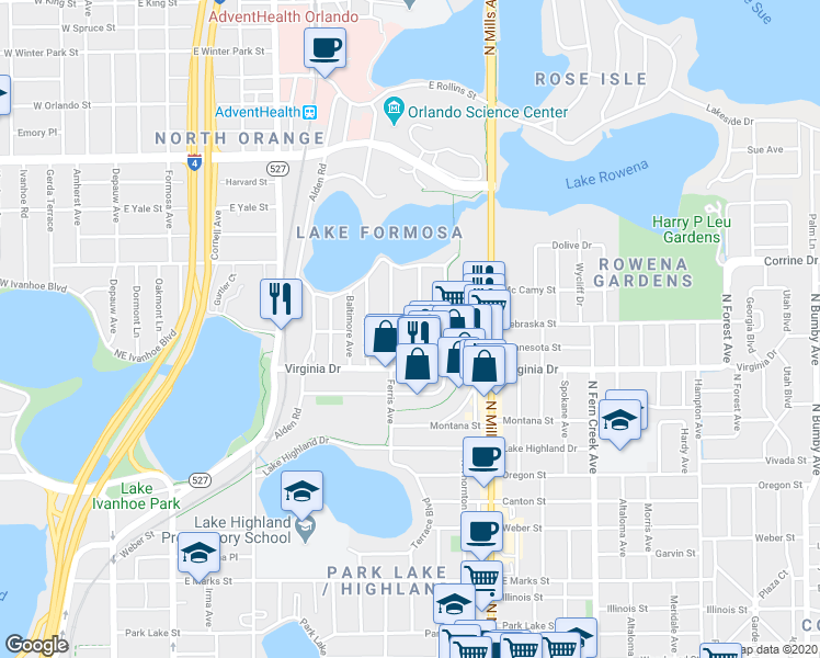 map of restaurants, bars, coffee shops, grocery stores, and more near 1620 Dauphin Lane in Orlando