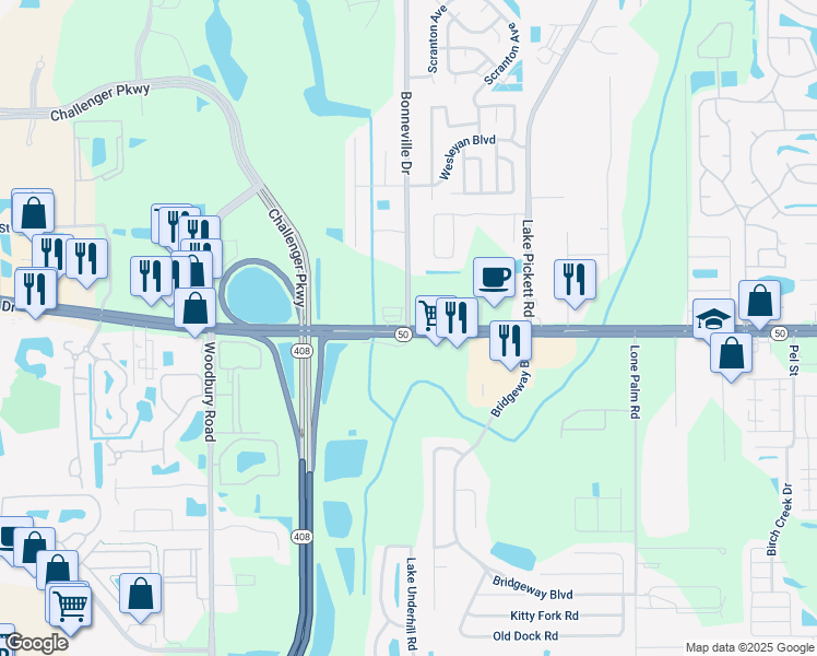 map of restaurants, bars, coffee shops, grocery stores, and more near E Colonial Dr & Bonneville Dr in Orlando