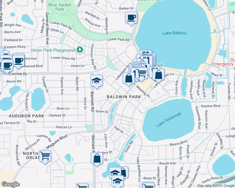 map of restaurants, bars, coffee shops, grocery stores, and more near 4556 Virginia Drive in Orlando