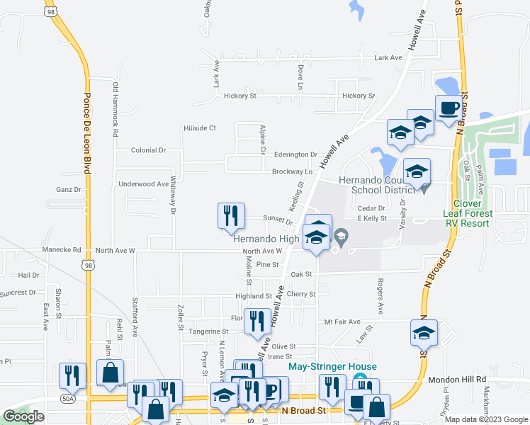 map of restaurants, bars, coffee shops, grocery stores, and more near 38 Sunset Drive in Brooksville