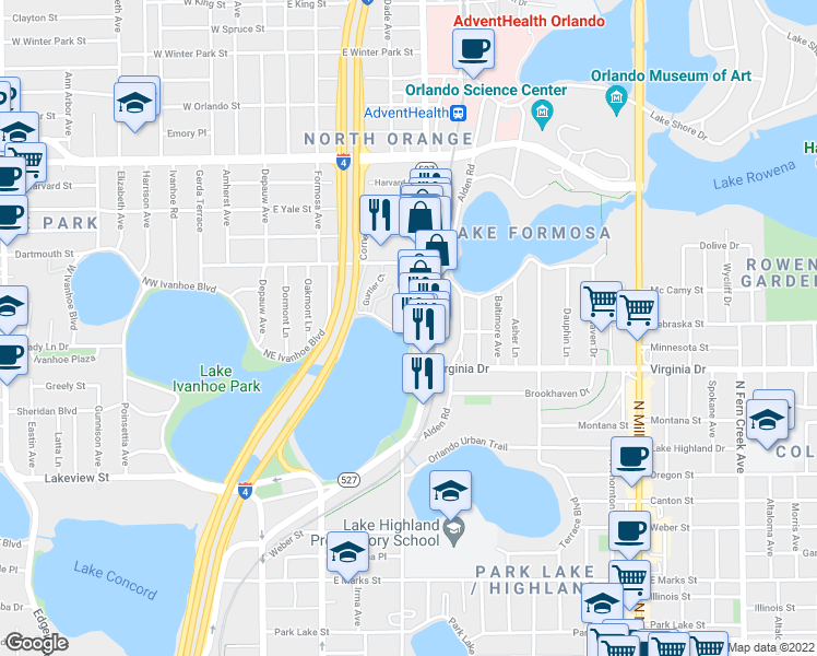 map of restaurants, bars, coffee shops, grocery stores, and more near 301 Northeast Ivanhoe Boulevard in Orlando