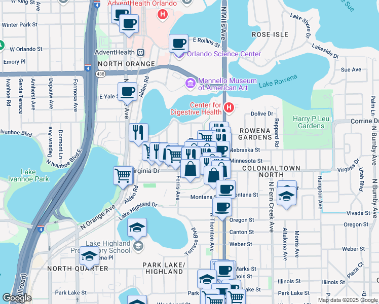 map of restaurants, bars, coffee shops, grocery stores, and more near 1602 Dauphin Lane in Orlando