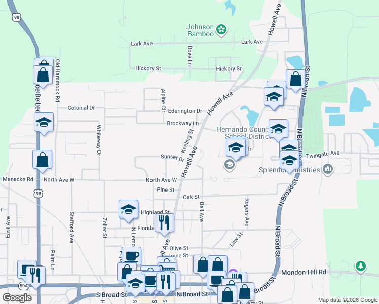 map of restaurants, bars, coffee shops, grocery stores, and more near 813 Howell Avenue in Brooksville