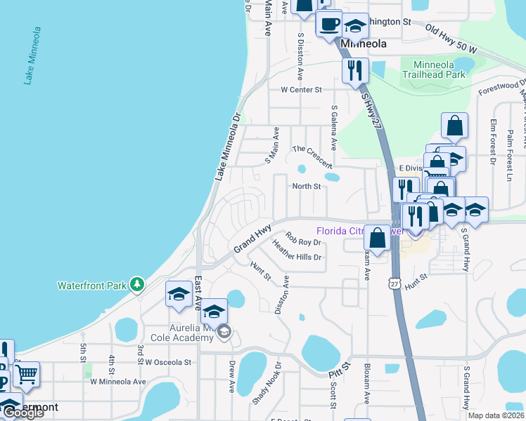 map of restaurants, bars, coffee shops, grocery stores, and more near 192 Riggings Way in Clermont
