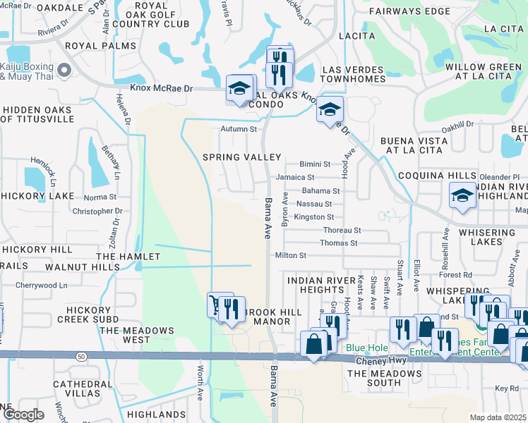 map of restaurants, bars, coffee shops, grocery stores, and more near 4110 Barna Avenue in Titusville