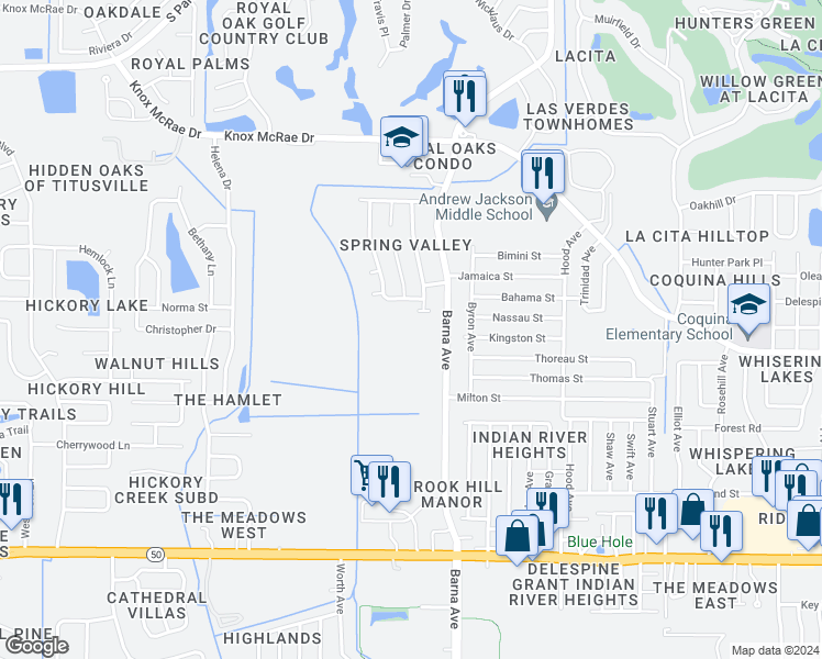 map of restaurants, bars, coffee shops, grocery stores, and more near 4130 Barna Avenue in Titusville